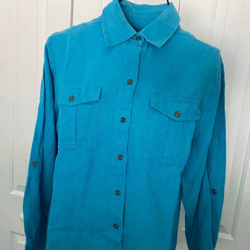 Chicos Turquoise Linen Button Up Blouse Sz M - Picture 2 of 6